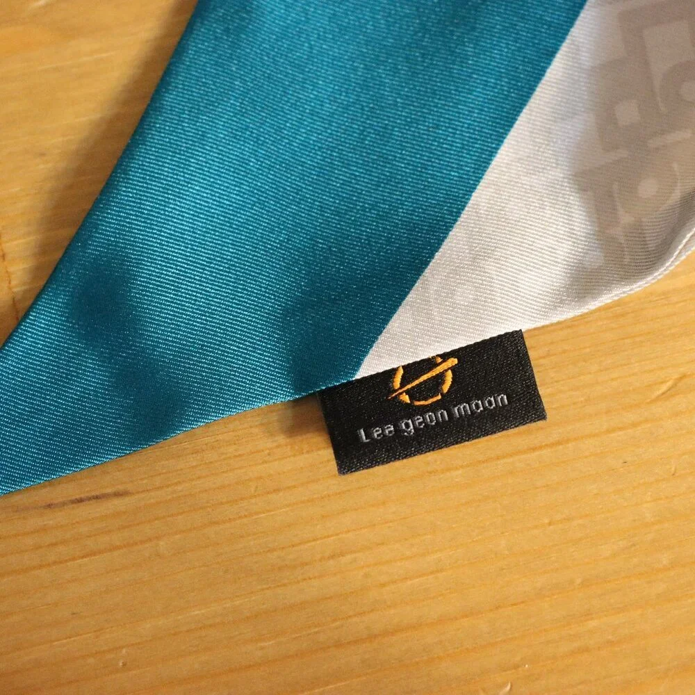 Lee Geon Maan scarf, made in Korea, blue yellow green grey, small scarf
